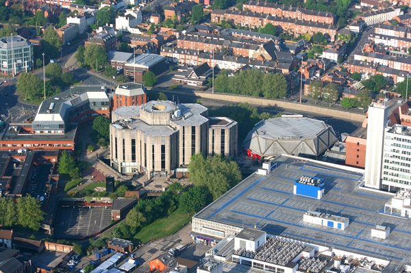 Aerial shot of Reading Hexagon, from our hot air balloon rides