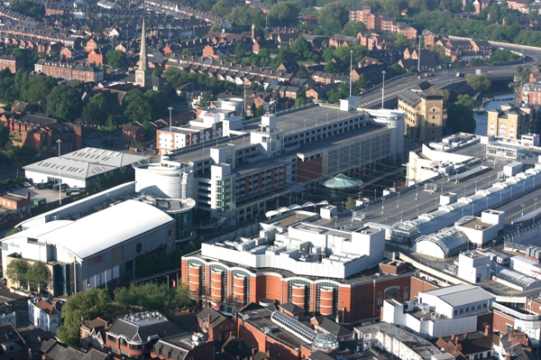 Aerial view of the Oracle shopping centre in Reading