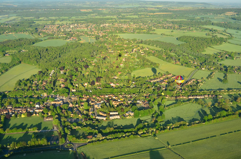 A nice aerial picture of Great Missenden and the surrounding area on a summer morning hot air balloon ride looking westwards