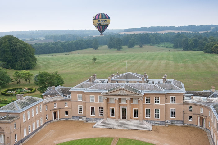 Happy Birthday balloon flight with an aerial view of Hackwood House near&nbsp;Basingstoke
