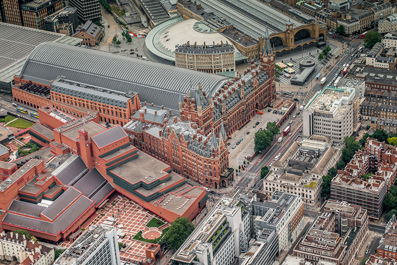 Another great aerial picture taken by Andro Loria of the entrance of St Pancras and Kings Cross Stations in London on our balloon ride.