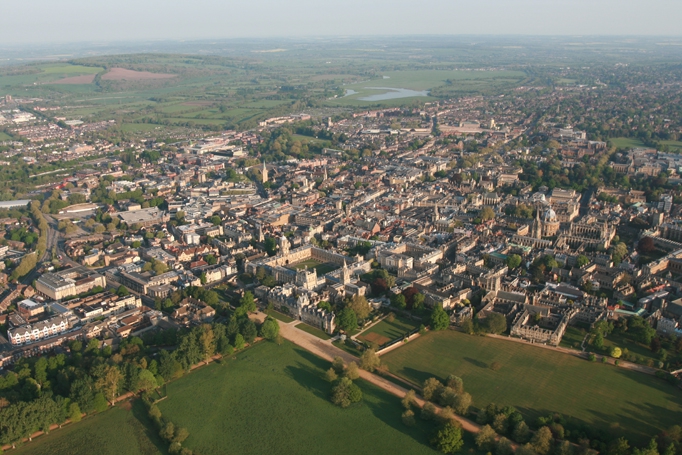 Aerial view of Oxford Colleges with Christchurch Meadows and Port Meadow in the picture