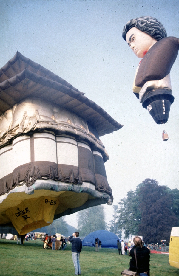 Beethovens head hovers over a Japanese Pagoda.