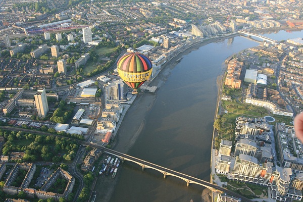 Balloon Flying over Wandsworth Bridge&nbsp;near London Heliport and aerial views of Wandsworth and Chelsea.