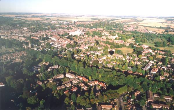Aerial view of Winchester Cathedral and Winchester City Centre