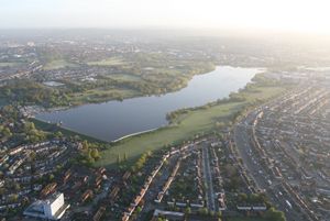 An aerial view of Brent Reservoir taken looking from the South West by hot air balloon rides over London