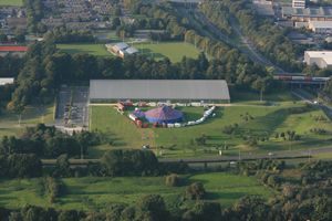 Our balloon flight takes us over the Milestones Museum in Basingstoke giving us an aerial picture of the circus too