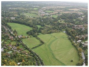 Aerial view of our hot air balloon launch site at Shalford Park Guildford soon after the balloon took off on its flight over Surrey