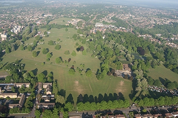 Looking back and taking an aerial picture of our balloon take off site at Prospect Park in Reading