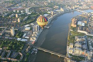 Aerial view of London balloon rides crossing the Thames