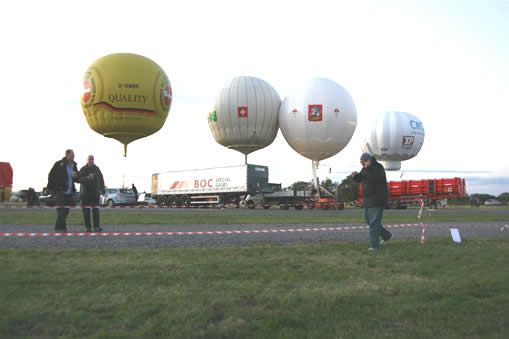 Early helium balloon inflations prior to the start of the 2010 Gordon Bennett Balloon Race