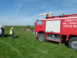 Fire truck attends our balloon landing at Calais Airport