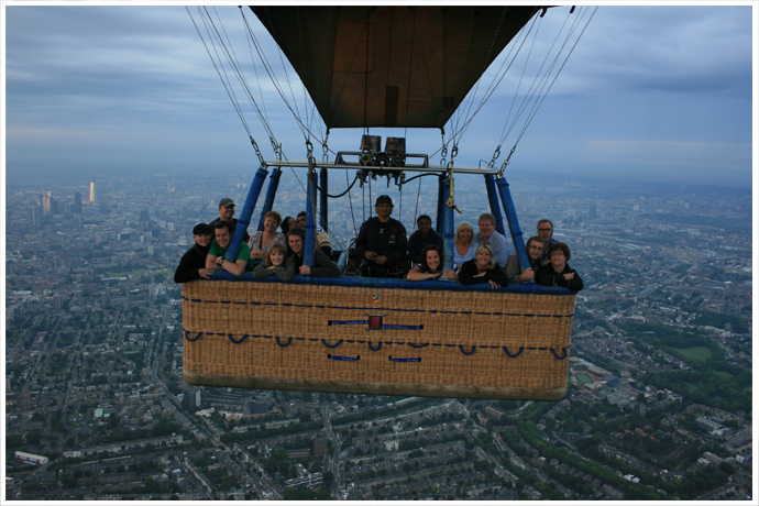 Shard reflecting dawn sunlight on balloon flight over London