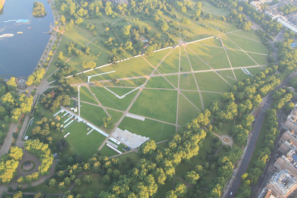 Our balloon basket floats over Hyde Park and the site of the British Summer Time Hyde Park which runs from 3rd&nbsp;July 2014 with a broad ranging line up over the 10 day event from Tim Minchin, Jake Bugg to Neil Young and Arcade Fire to name but a few.