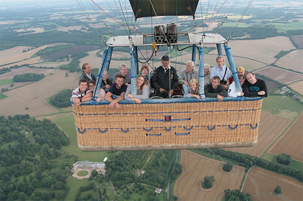 Pulling funny faces as we fly over Hackwood House in Hampshire