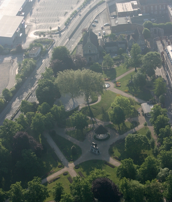 Aerial photograph of Forbury Gardens in Reading, Berkshire. Taken from a hot air balloon flight.
