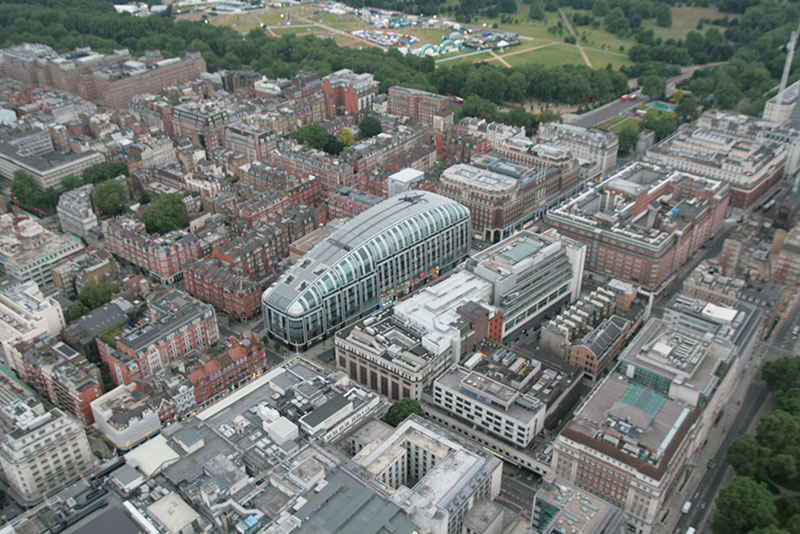 A great aerial picture of Oxford Street taken from our balloon basket on a London hot air balloon flight