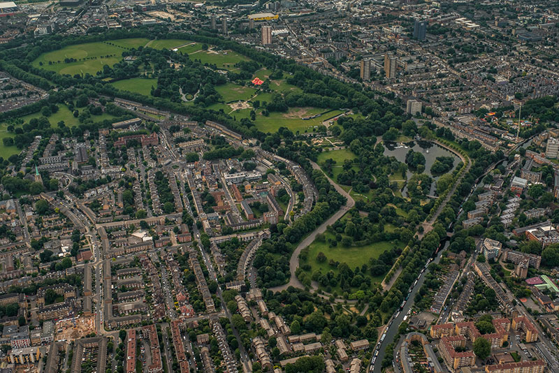 A great aerial picture of Victoria Park in East London taken on a dawn flight in our hot air balloon over London by passenger Andro Loria For more pictures like this go to his blog http://androloria.com/blogandroloria/2016/7/10/london-from-airbaloon-with-fuji-x-t1