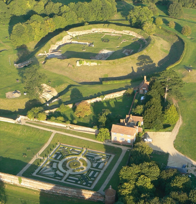 Extended fly over view of Basing house ruins and garden / museum.