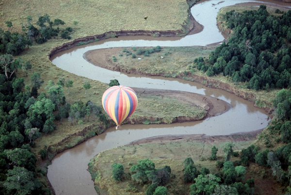 Floating over the Mara River in a hot air balloon