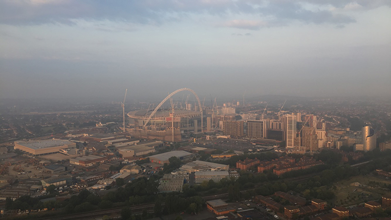 Floating past Wembley Football Stadium on our balloon flight over London