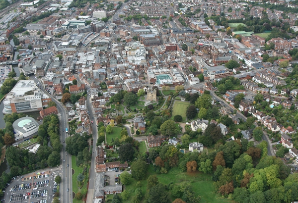 Aerial view of Guildford Castle and Town Centre