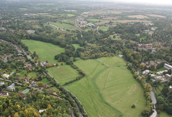 Aerial view of our hot air balloon launch site at Shalford Park Guildford soon after the balloon took off on its flight over Surrey