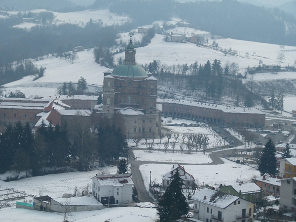 Aerial view of Sanctuary of Regina Monte Reale Basilica in Vicoforte near Mondovi