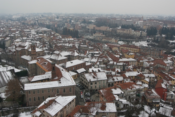 A frosting of snow on the rooftops make for a magical view from the hot air balloon