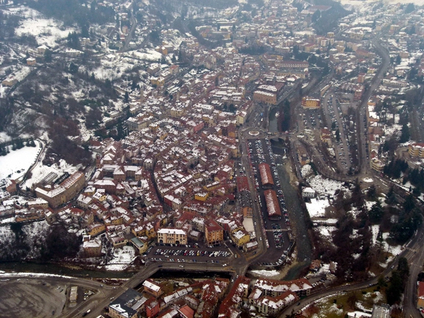 Looking down on Mondovi town centre and market place