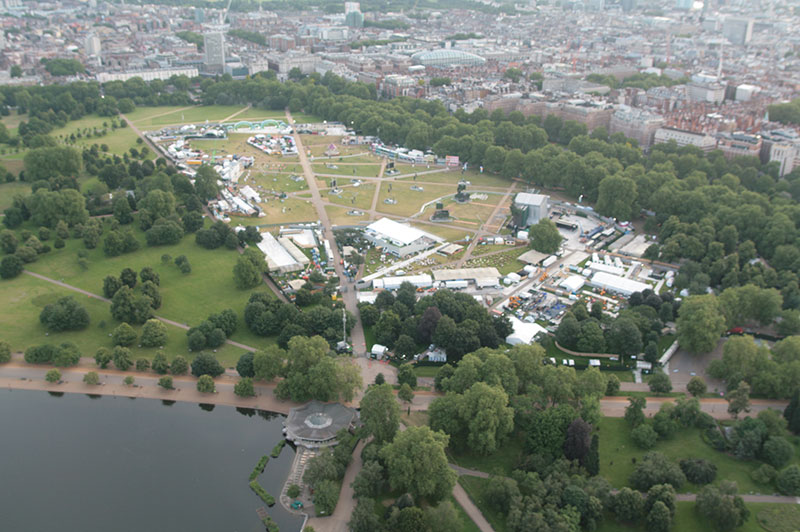 Looking north to the concert ground for Hyde Park &nbsp;and the 2016 Barclay Card British Summer Time Hyde Park Concerts with headliners including Pharrell Williams, Stevie Wonder, Take That and Lionel Ritchie.