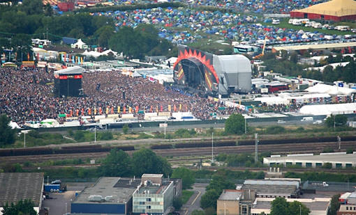 Aerial picture of the main Reading Festival stage from a hot air balloon.