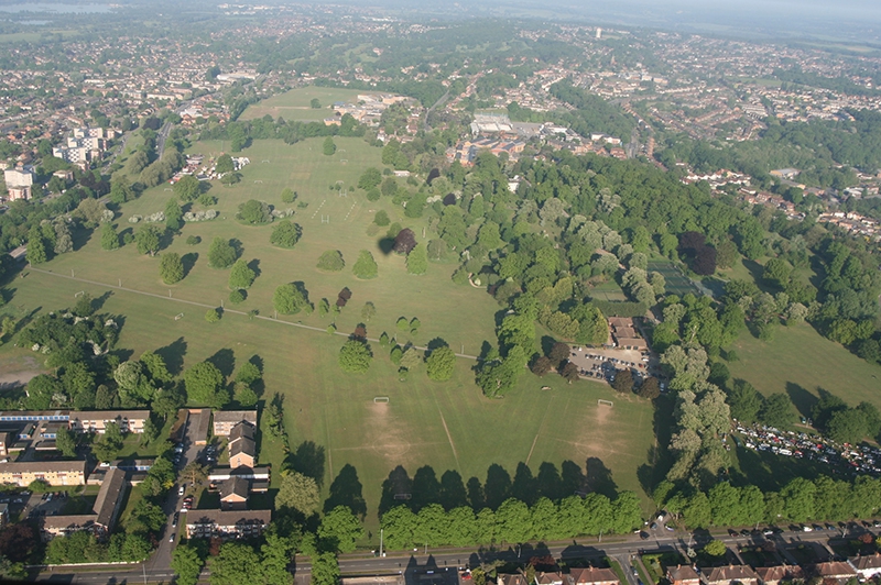 Prospect Park is an impressively large local amenity on the west side of Reading in Berkshire. The Liebenrood family built the mansion house on the top of the hill in the centre of the site in 1797 and subsequent inheritors over the years (as they had no children) had to change their name to Liebenrood as a condition of the inheritance. Doubtless this is the reason for the naming of the road that runs down the East side of the park &nbsp;and may well have been a condition of the sale of the park to Reading Borough Council in 1902. The mansion is Grade II listed and currently is used as a restaurant. It is the white building just visible through the trees in this aerial view of Prospect Park taken on 22nd May 2010.