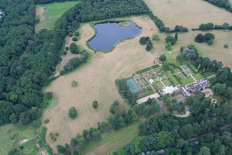 
Here are two more aerial views and pictures of Waverley Abbey House. It stands next to the English Heritage site of the ruins of Waverley Abbey is a large Grade II listed country house built in 1723. Is has been the headquarters for the Christian group the Crusade for World Revival who purchased it and restored it in 1983. Courses in Christian fellowship are held on site and it is also available for hire for functions. Both the house and the Abbey ruins have been used in recent years as a background for films and we flew over one such filming in progress a few years ago and we flew right past it with another balloon taking photographs here