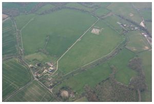 Ballooning over Berkshire and the Roman town of Calleva at Silchester from our balloon showing the amphitheatre at the bottom and the square excavation site towards the top of the picture